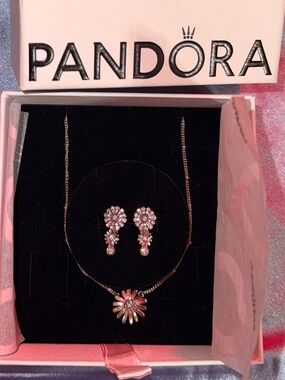 Pandora Silver Floral Necklace and Drop Earrings Set